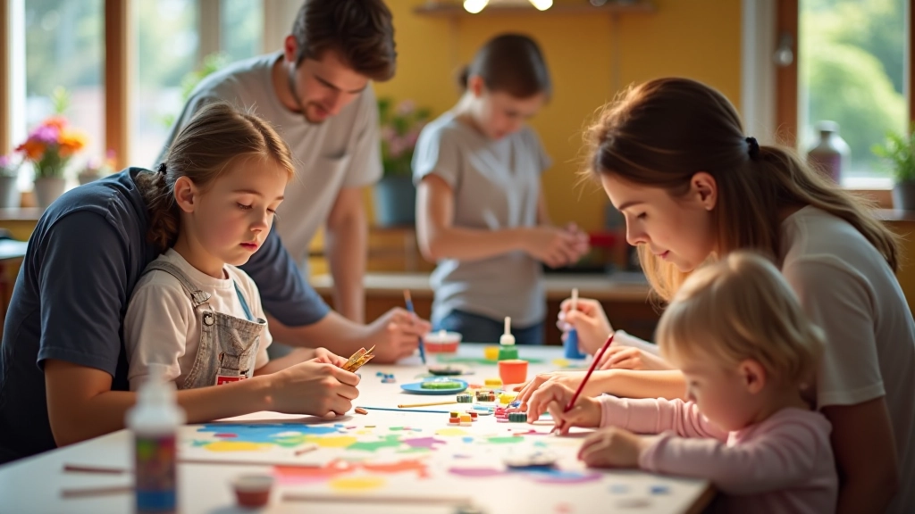Family members participating in creative art workshop with paints, brushes, and canvas materials