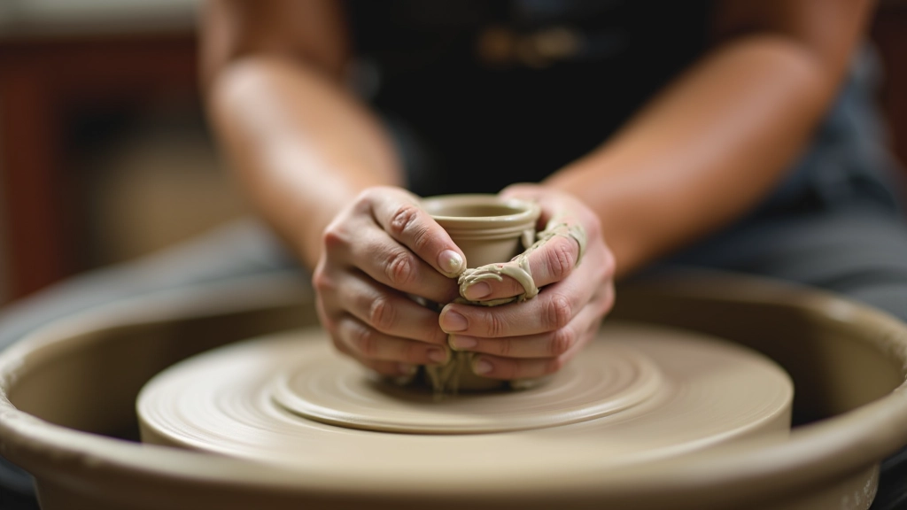 Close-up of hands shaping clay on pottery wheel with water droplets and earthy materials visible