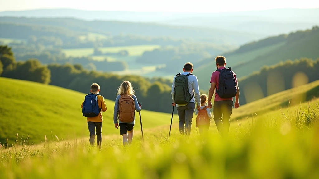 Family hiking together on a green hillside with scenic countryside views in the background