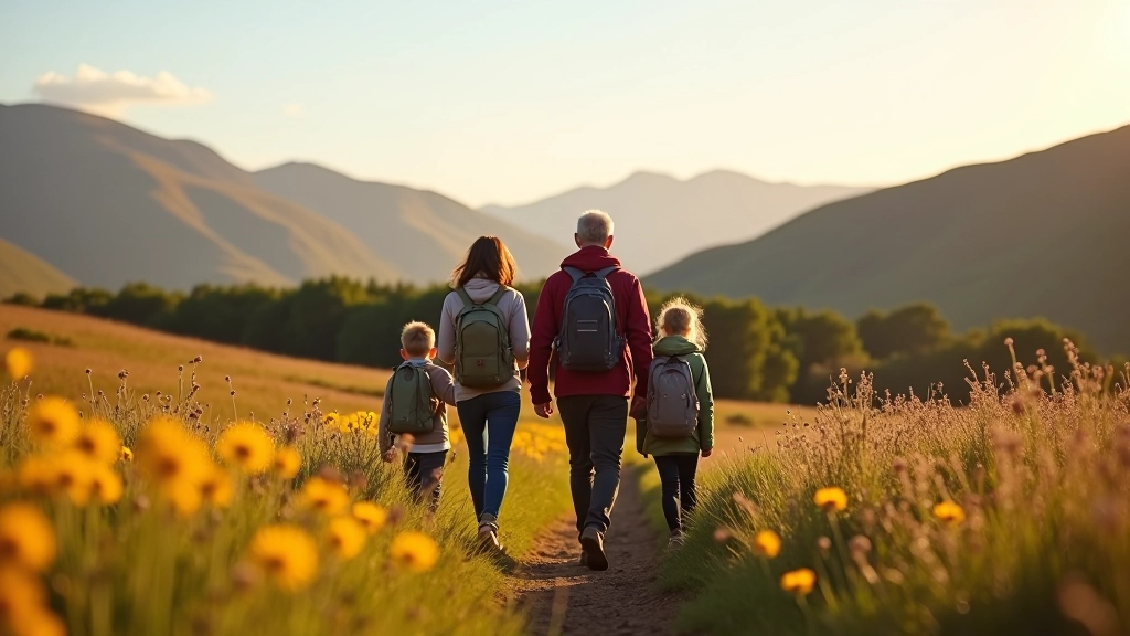 Family hiking group on Scottish moorland trail