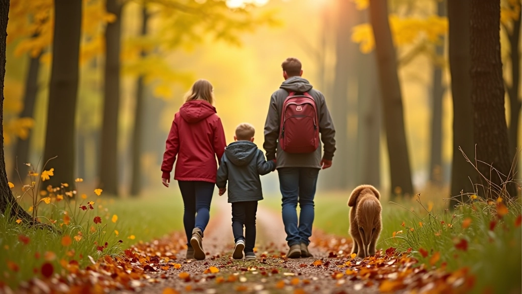 Family group hiking together on woodland trail in English countryside with natural autumn scenery
