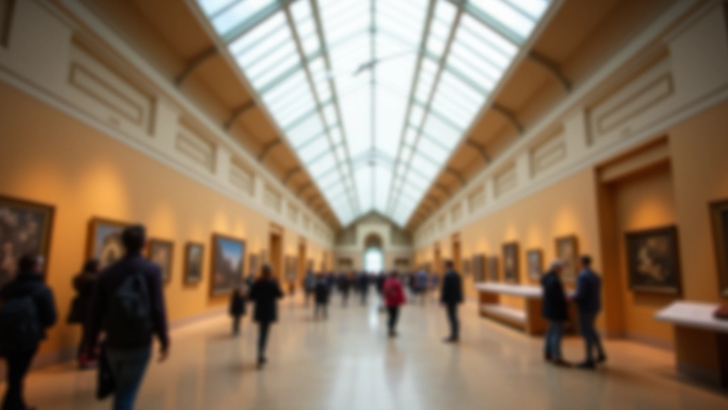 Grand museum interior with soaring architecture, natural light from skylights, and visitors exploring exhibitions across multiple gallery levels