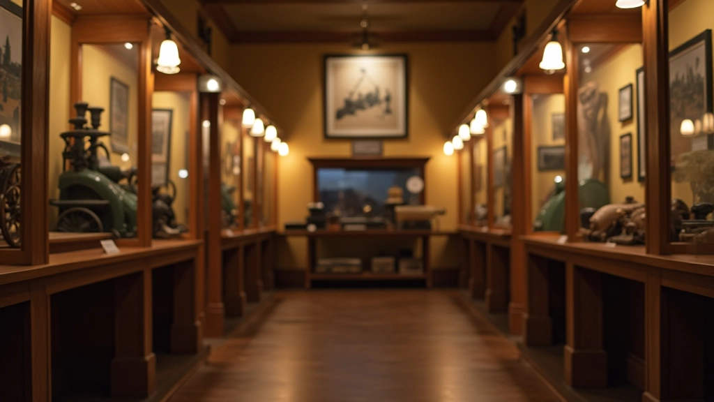 Vintage museum display with antique machinery and equipment carefully arranged with informational plaques in an intimate gallery setting