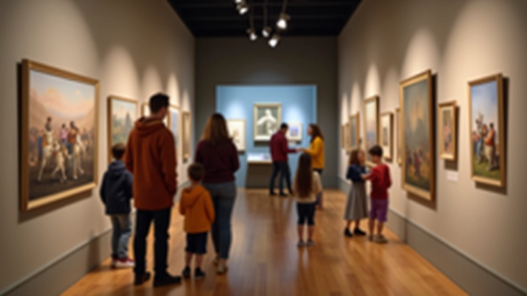 Interior of modern art museum gallery with families viewing contemporary artwork displays