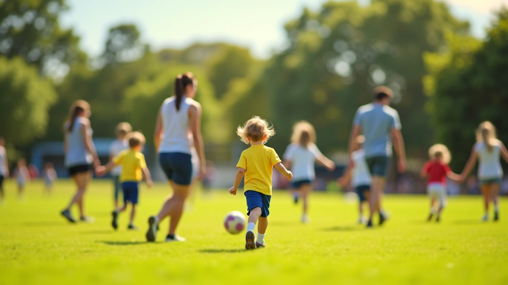 Community sports day with families participating in outdoor activities and games on a grassy field