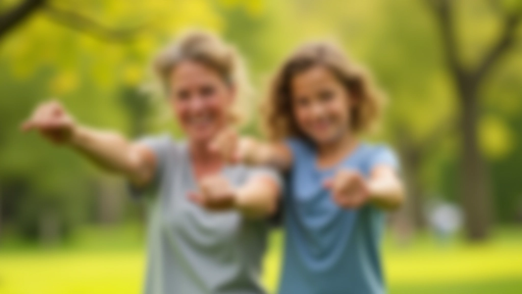 Parent and teenager stretching together before outdoor exercise in sunny park with sports equipment visible