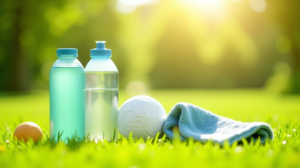 Close-up of water bottles and sports equipment laid out on grass before outdoor community event